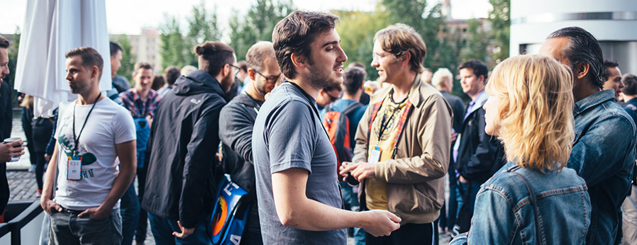 Conference participants chatting outside at CSSconf EU, Berlin, 26 September 2015